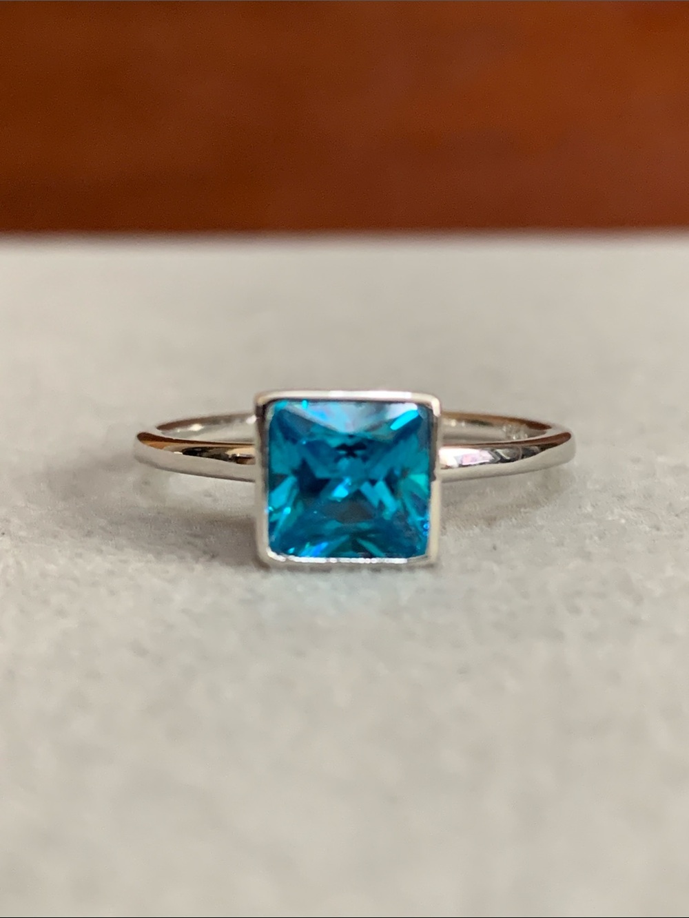 New 925 Silver Princess Cut Solitaire Aqua Blue CZ Ring sizes 6 & 7
